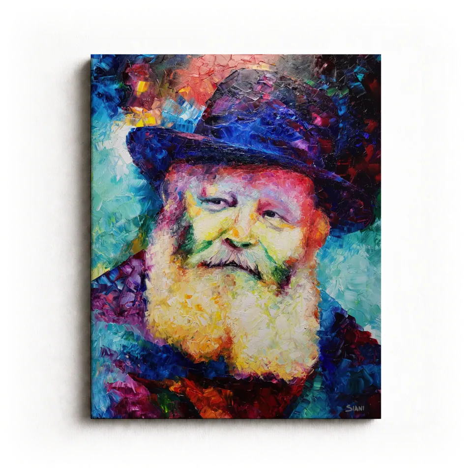 Colorful abstract portrait of the Lubavitcher Rebbe, soft eyes looking straight out from under the brim of his hat, by Eliya Siani
