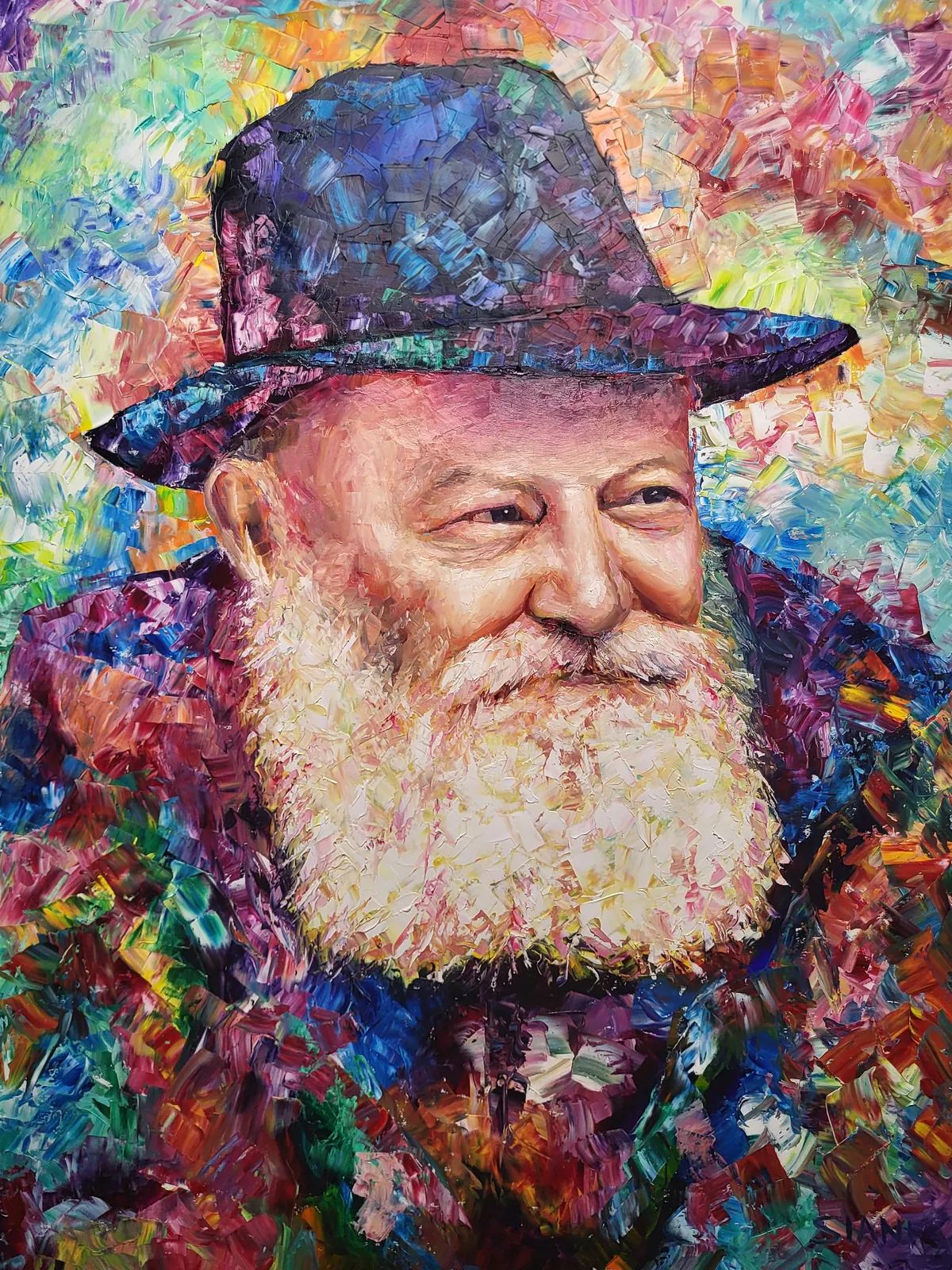 Colorful abstract portrait of the Lubavitcher Rebbe with a warm half-smile, eyes turned to the side, by Eliya Siani