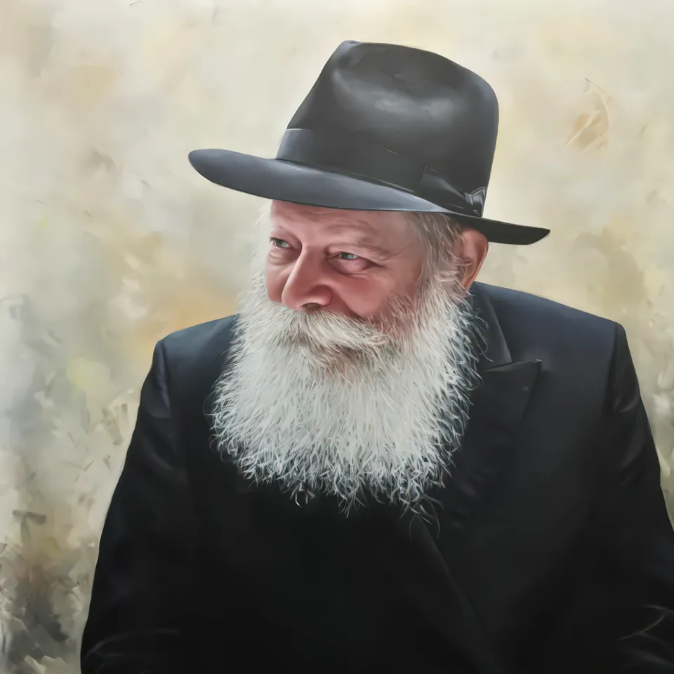 Soft realistic portrait of the Lubavitcher Rebbe, head turned down and away, eyes lowered in thought, by Eliya Siani