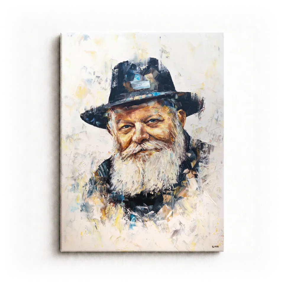 Colorful abstract portrait of the Lubavitcher Rebbe looking directly at the viewer with a level, kind gaze, by Eliya Siani