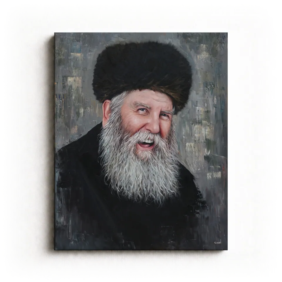 Painting of Rabbi Yosef Yitzchak Schneersohn in a fur hat, laughing openly with bright eyes, by Eliya Siani