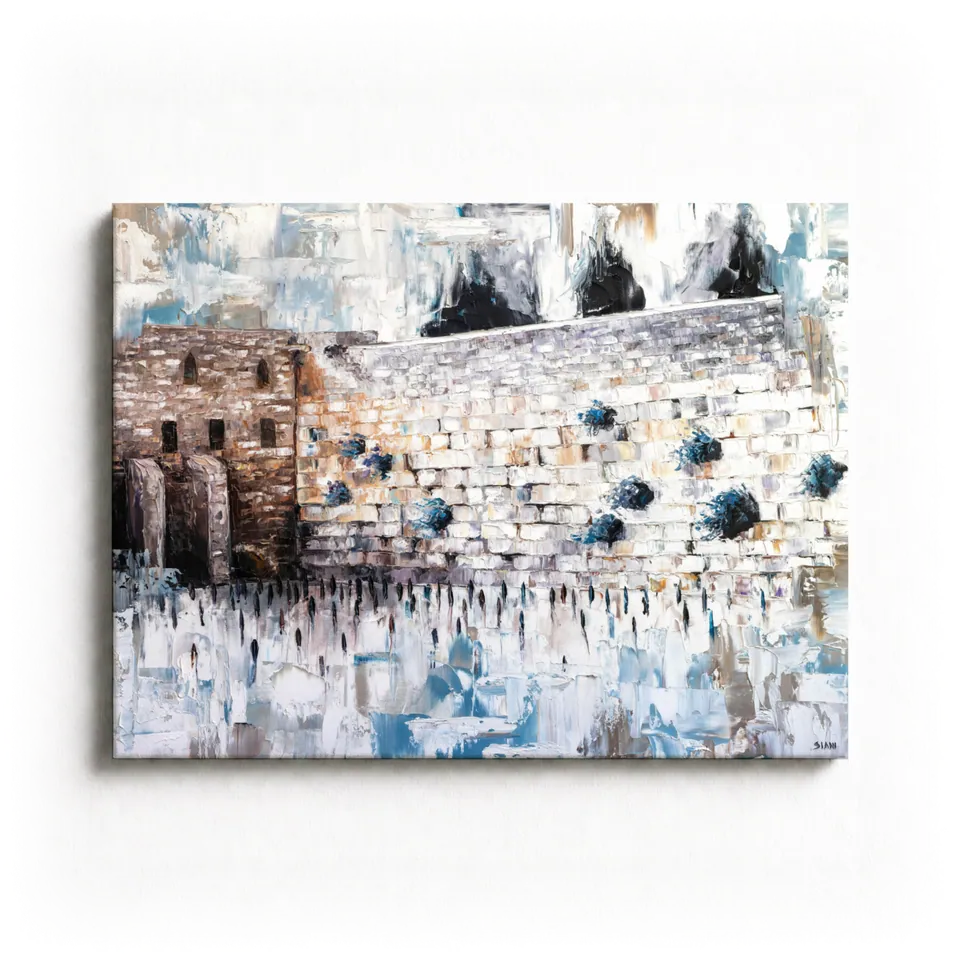 Cool, textured painting of the Western Wall in early morning light with worshippers at its base, by Eliya Siani