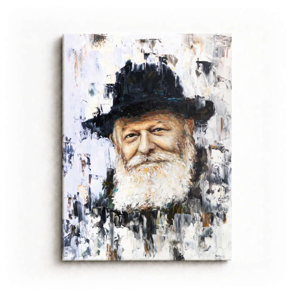 Abstract portrait of the Lubavitcher Rebbe, face warm and steady as paint streams down around him like rain, by Eliya Siani
