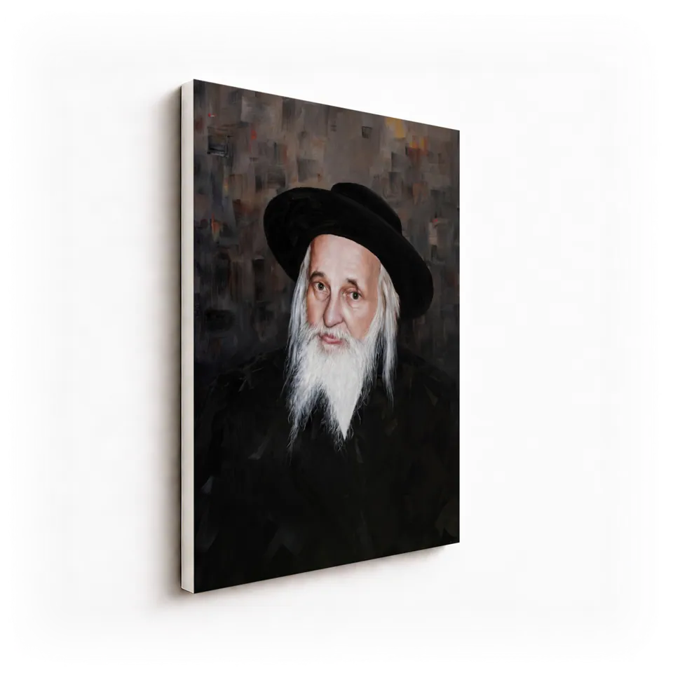 Rabbi Yoel Teitelbaum of Satmar, angled view showing the canvas edge