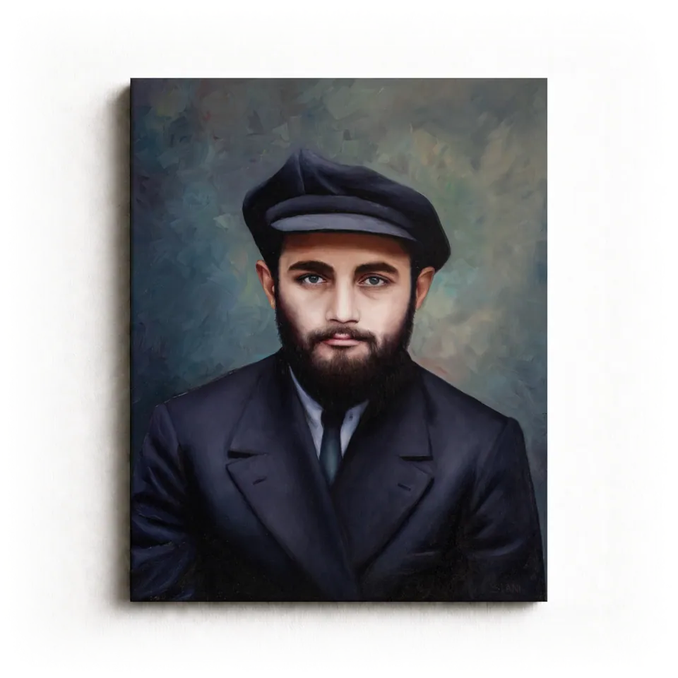 Realistic portrait of the Lubavitcher Rebbe as a young man in a cap, blue eyes meeting the viewer, by Eliya Siani