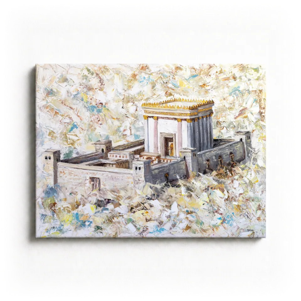 Luminous painting of the Beis HaMikdash, its gold crown catching the light above a white glow, by Eliya Siani
