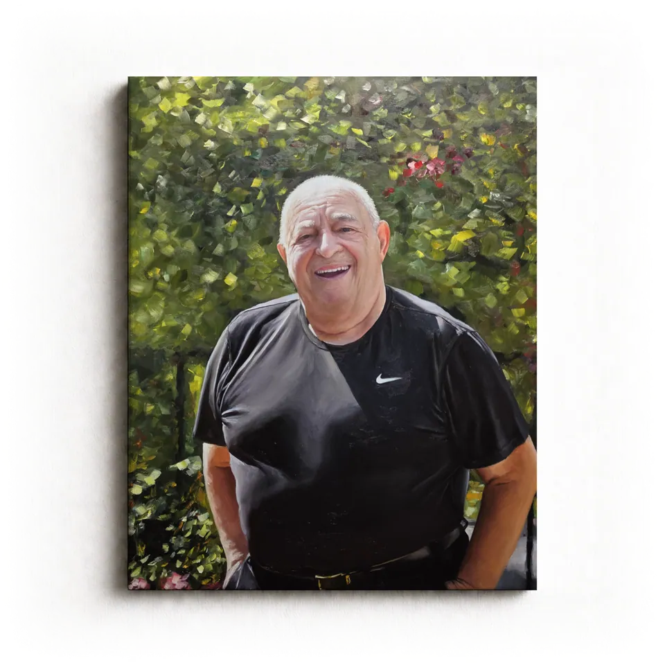 Portrait in the Garden: commissioned portrait by Eliya Siani, 24 × 30 in, Oil on linen canvas