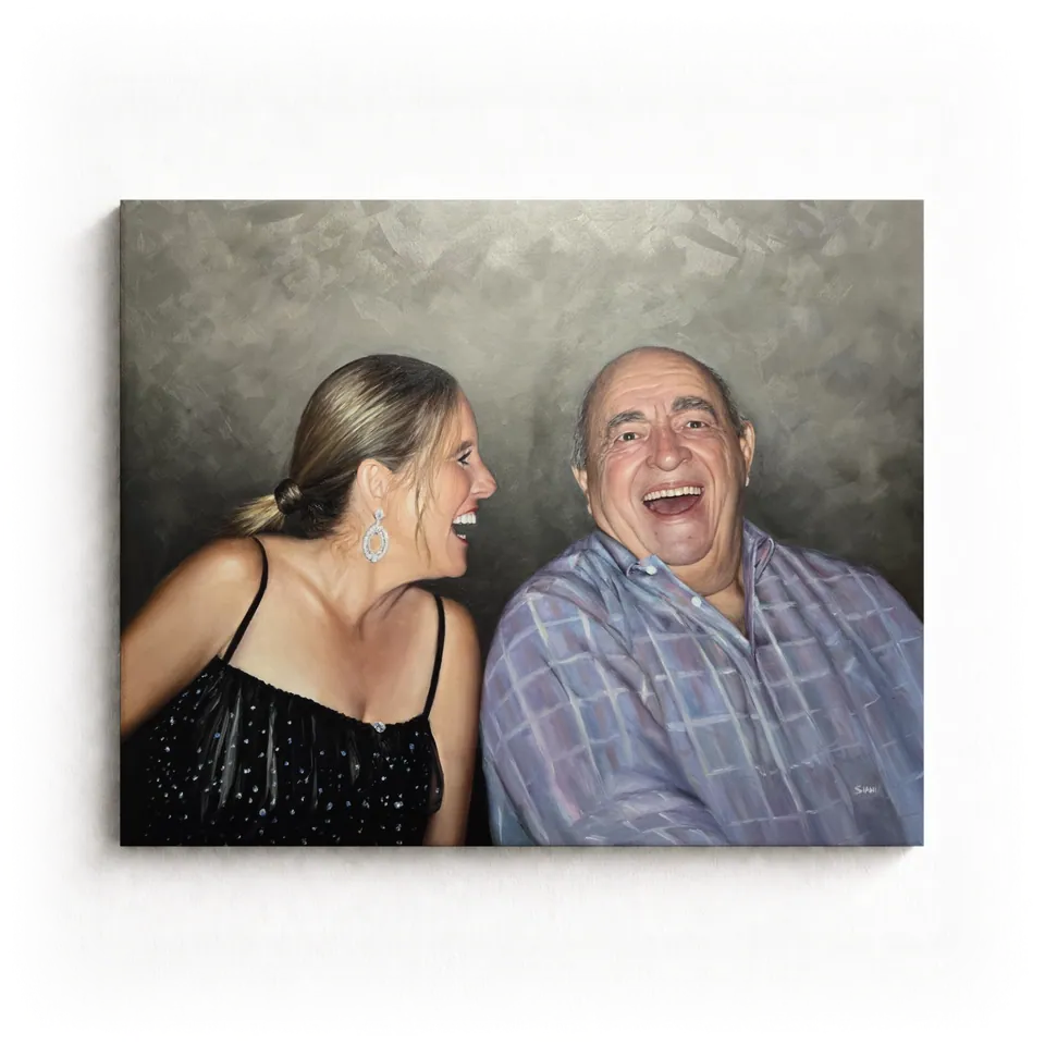 Laughing Together: commissioned portrait by Eliya Siani, 30 × 24 in, Oil on linen canvas