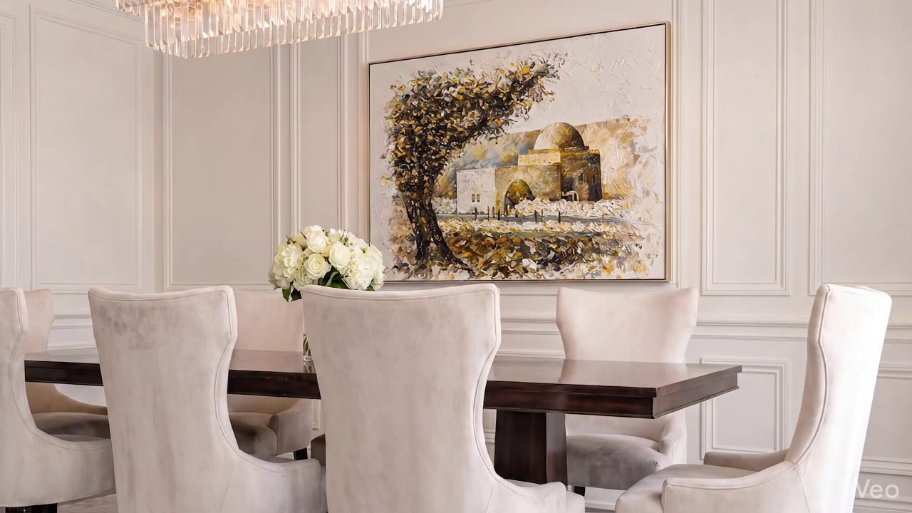 Eliya Siani's painting of Kever Rachel hanging in a white panelled dining room